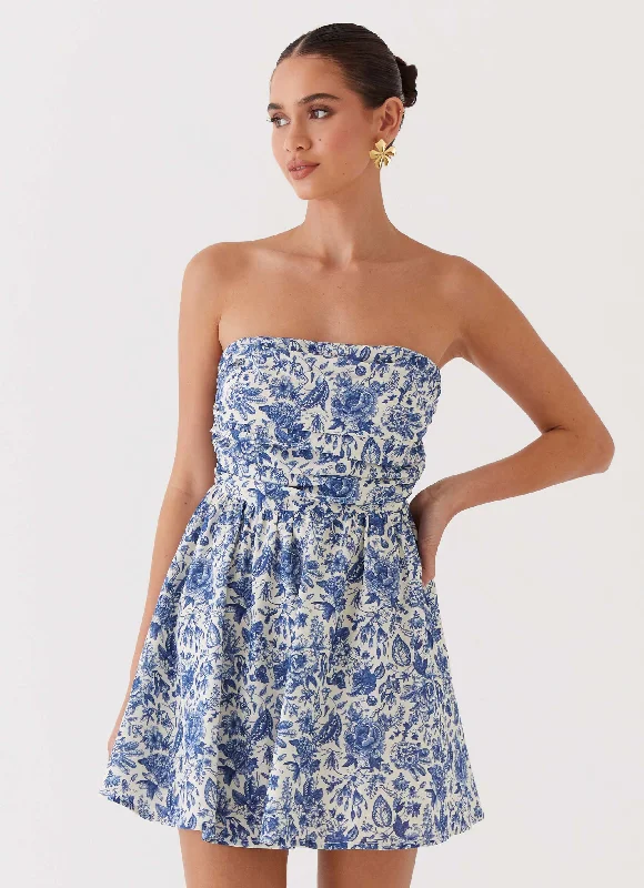 Sophisticated Style Offers Grab Romantic Date - Night Styles Now Forget Me Not Linen Mini Dress - Blue Paisley