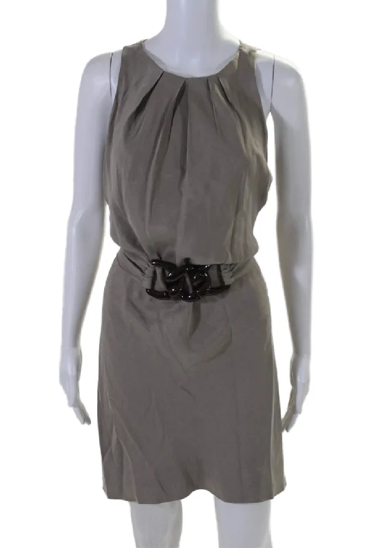 Casual Chic Deals Classic Timeless Elegant Style Max Mara Womens Taupe Pleated Embellished Belt Sleeveless Shift Dress