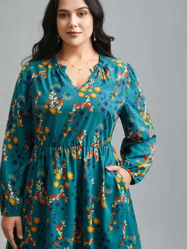 Daily Deals Vibrant Prints Floral Print Ruffled Notched Collar Midi Dress