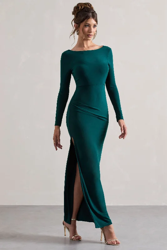 Popular Collection Playful Elegance Virgo | Bottle Green Cowl-Back Long-Sleeve Split Maxi Dress