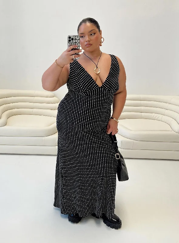 Find Your Unique Flair Disco - Inspired Retro Dance Look Nellie Maxi Dress Black Polka Dot Curve