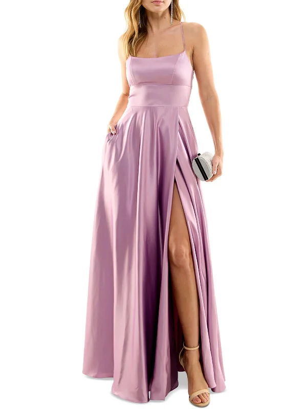 Step Ahead, Lead The Trend Flowy Fabric Juniors Womens Satin Split Hem Evening Dress