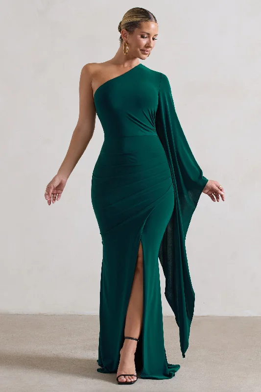 Contemporary Fashion Sale Luxury Style Giada | Bottle Green Ruched One Shoulder Cape Sleeve Maxi Dress