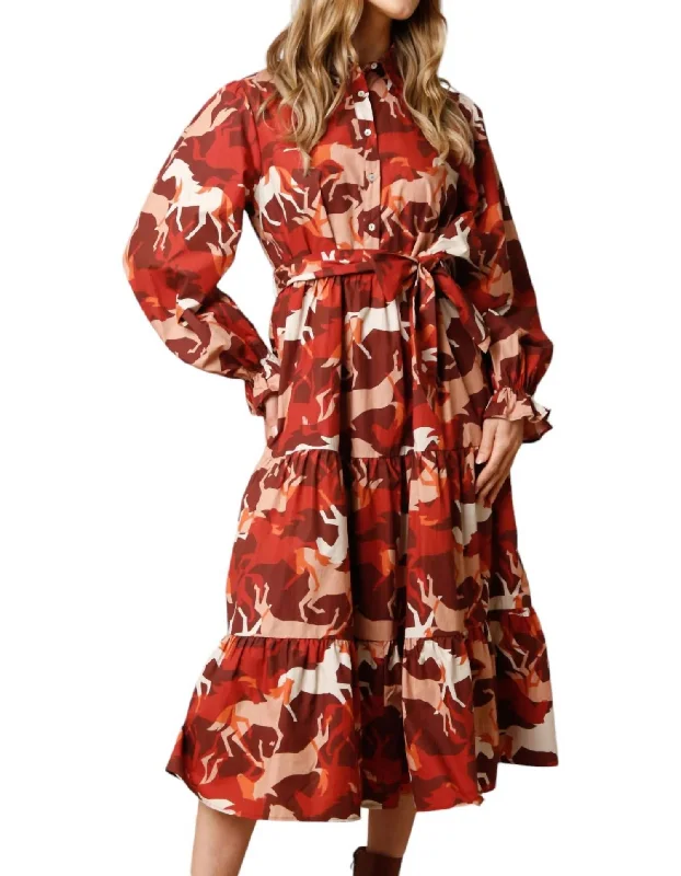 Fashion Forward Everyday Glamour Poplin Maxi Shirt Dress In Horse Print