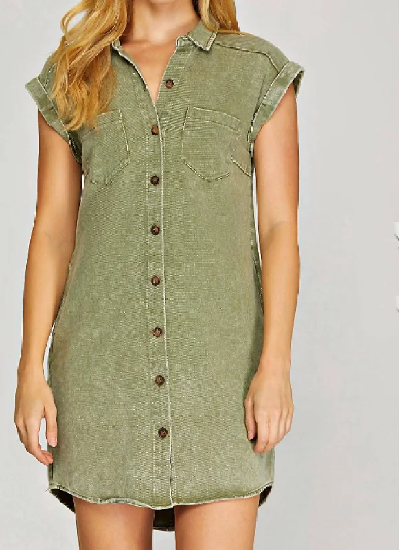 Timeless Elegance Sale Casual Elegance Button Down Twill Shirt Dress - Olive In Olive Gree