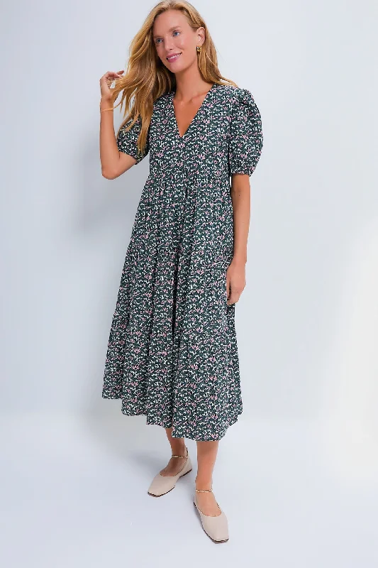 Stylish Deals Effortless Grace Green & Pink Floral Tiered Sadie Midi Dress