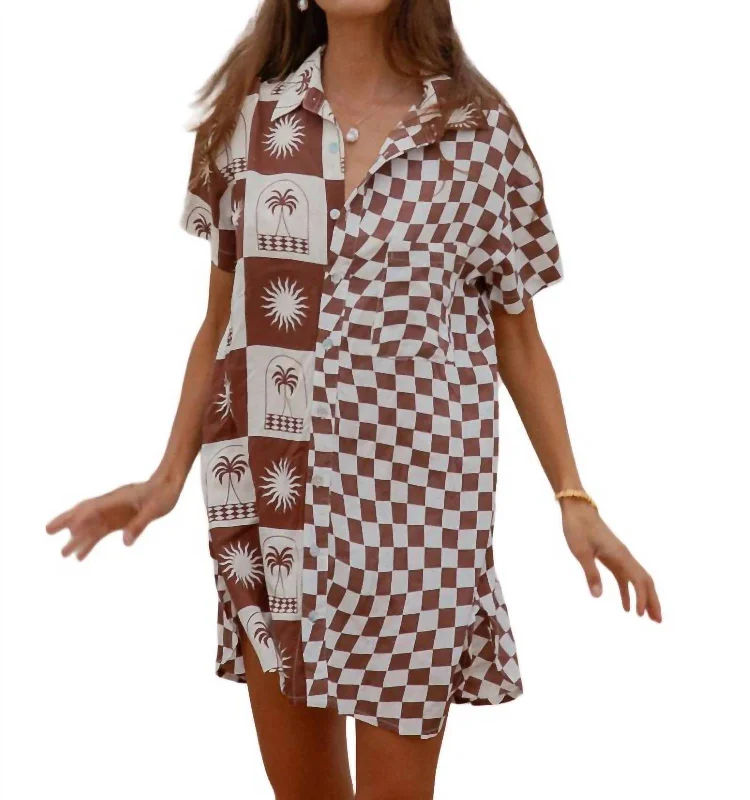 Athleisure Style Sale Luxury Style Palma Checkerboard Shirt Dress In Chocolate/vanilla