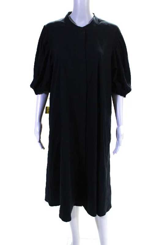 Don't Miss Out Vintage Elegance Foil Womens Back In Business Puff Sleeve Midi Shirt Dress Navy Blue