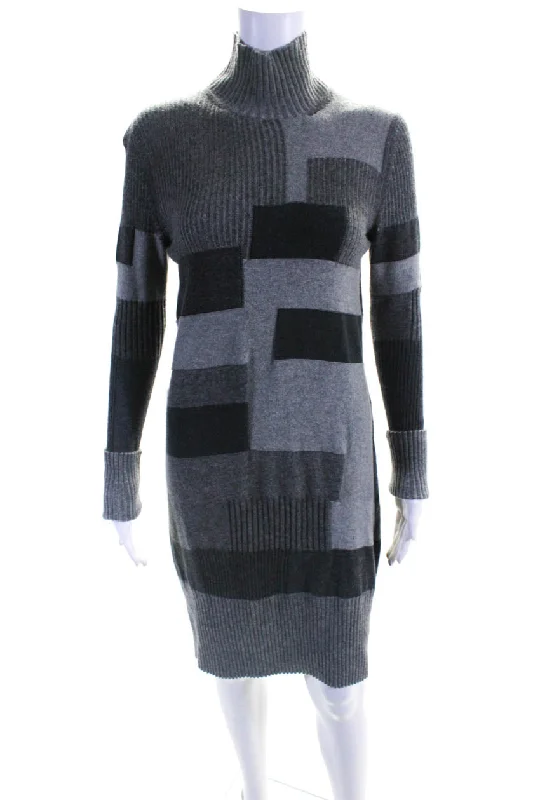 Minimalist Fashion Sale Bold Patterns Chloe Womens Long Sleeve Ribbed Trim Mock Neck Sweater Dress Gray