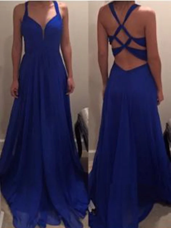 Exclusive Discount Dreamy Draping A Line Royal Blue Long Chiffon Prom Dress with Special Back, Royal Blue Bridesmaid Dress, Formal Dress