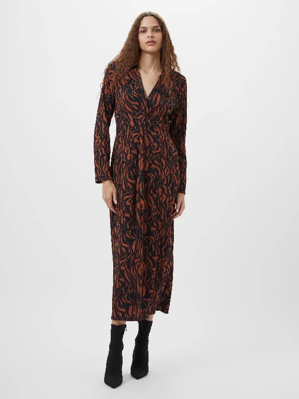 Special Offer For You Flowy Fabric Zaria Textured Abstract Print Long Sleeve Dress