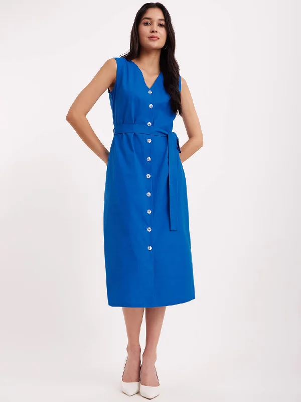 Trend Alert Romantic Flair Linen V-Neck Shirt Dress - Blue