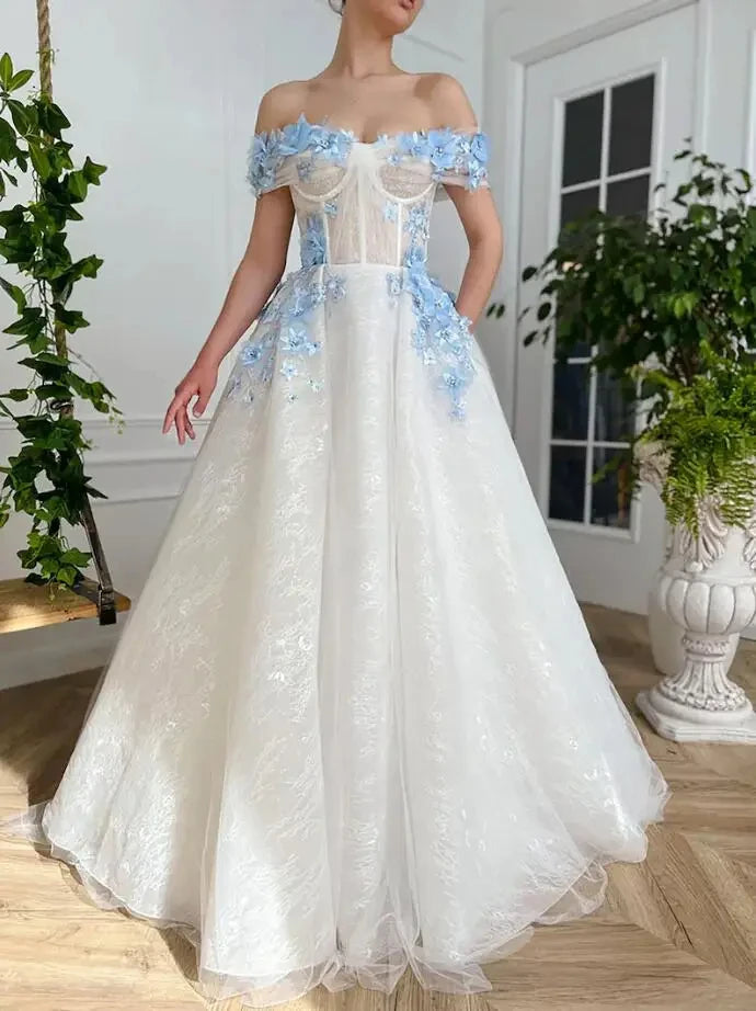 Fashion Frontiers Formal Outfit Ivory Prom Dresses with Blue Applique Floral Lace Off Shoulder Long Floor Length A Line Evening Gowns Formal Party Dress