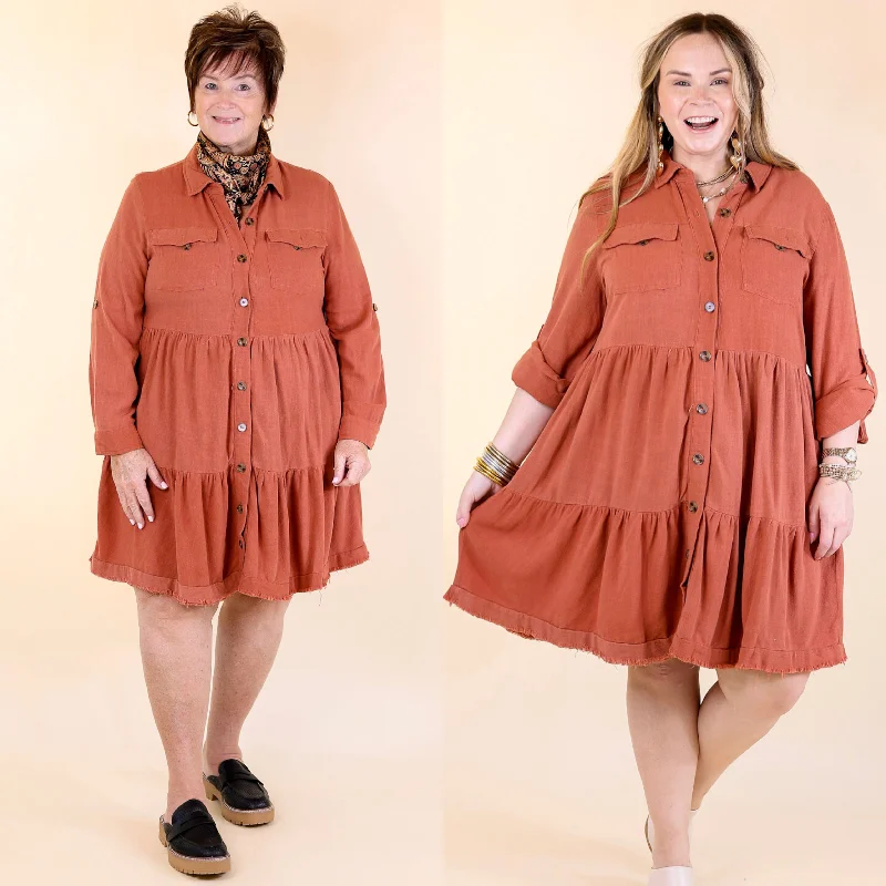 Ride The Style Wave Alluring Design Chic Darling Ruffle Tiered Button Up Dress with Long Sleeves in Rust Orange