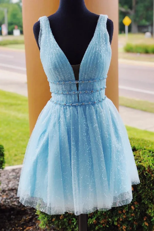 Flirty Fashion Discounts Sophisticated Cut Roycebridal Sparkly Beading Sky Blue Short Prom Dresses Sequins Homecoming Dresses