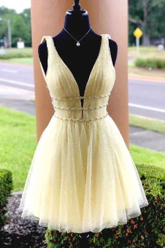 Feminine Luxe Style Sale Elevated Style Roycebridal Yellow Sparkly Beading Short Prom Dresses Sequins Homecoming Dresses