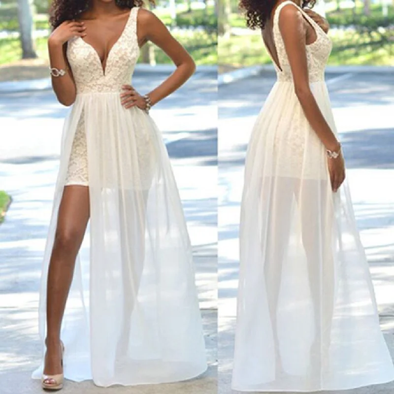 Premium Style Offers Playful Elegance Cheap Popular Simple Ivory Lace Side Slit Chiffon Wedding Party Dresses, WD0048