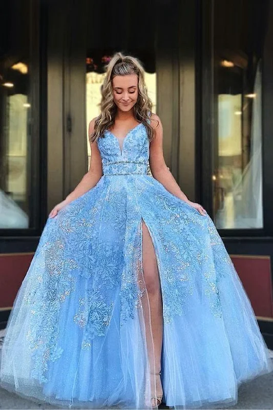 Dive Into Trendy Styles Classic Charm Light Blue Floor Length Sleeveless Lace Prom Dresses 452