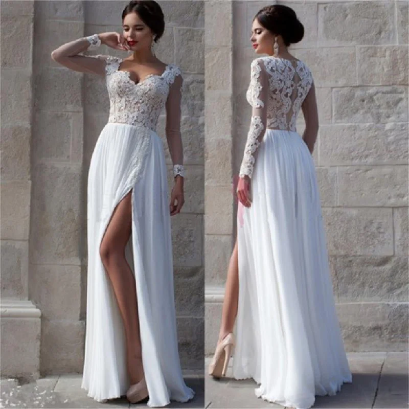 Hot Sale Grab Romantic Date - Night Styles Now White Side Slit Elegant Custom Cheap Wedding Party Prom Dresses Online,PD0072