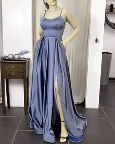 Smart Casual Deals Parisian Effortless Chic Style Steel blue satin bridesmaid dresses spaghetti straps satin gown leg split long prom dress evening dress    cg19553