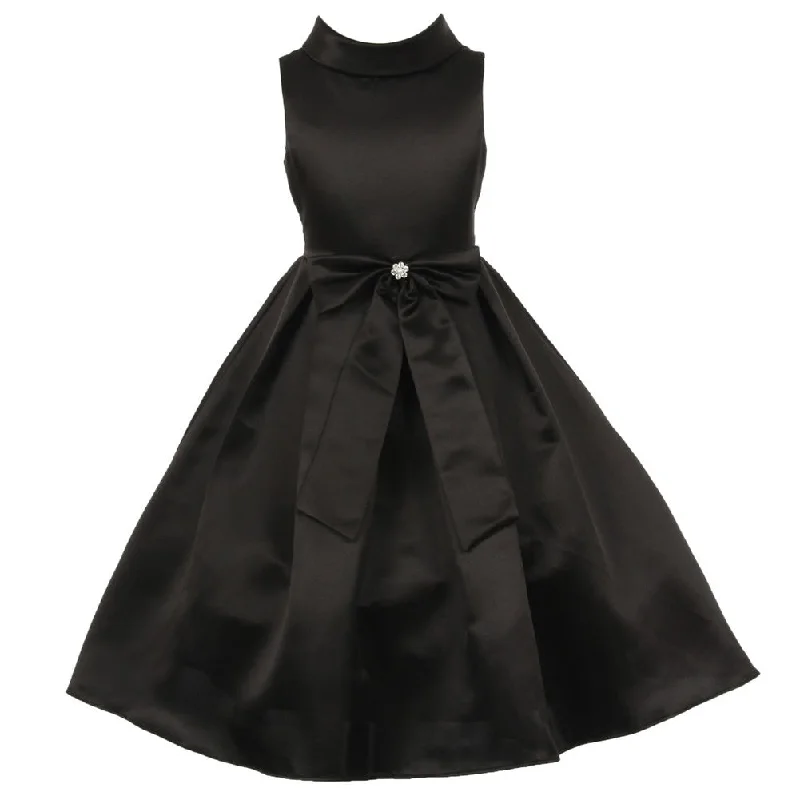 Fashion Frontiers Romantic Date - Night Ensemble Little Girls Black Bridal Dull Satin Bow Rhinestone Flower Christmas Dress 2-6