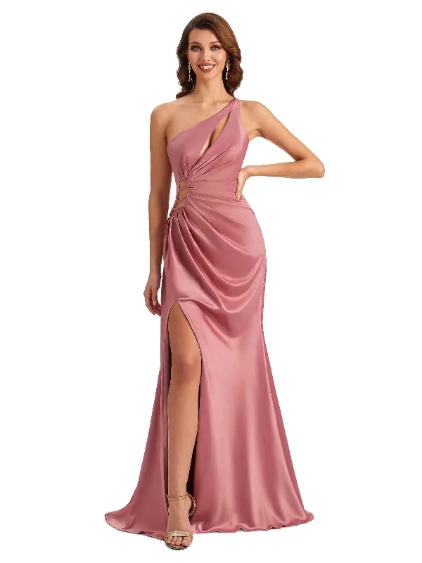 Enjoy Discount Dreamy Aesthetic Sexy One Shoulder Side Split Mermaid Silky Satin Wedding Guest Dresses