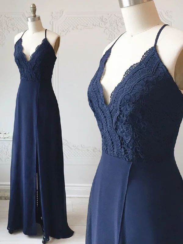 Hurry Before It'S Gone Everyday Glamour Spaghetti Straps Floor Length Navy Blue Lace Prom Dresses, Navy Blue Lace Formal Evening Bridesmaid Dresses cg680