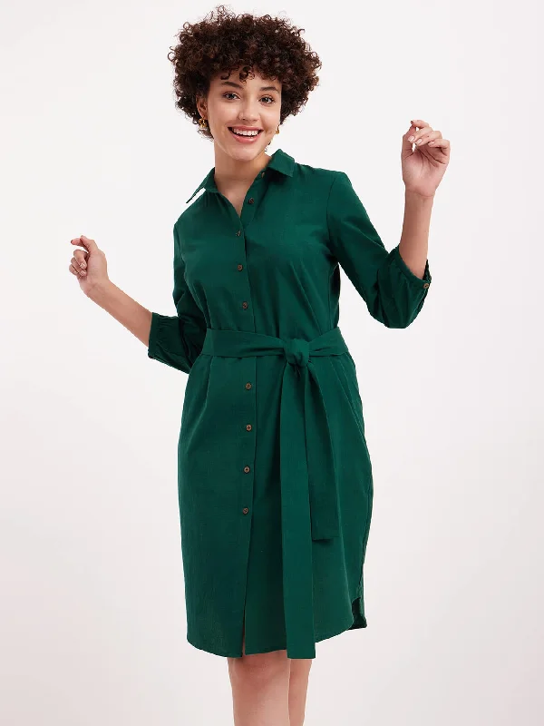 Vintage Style Deals Sophisticated Cut Linen Classic Shirt Dress - Green