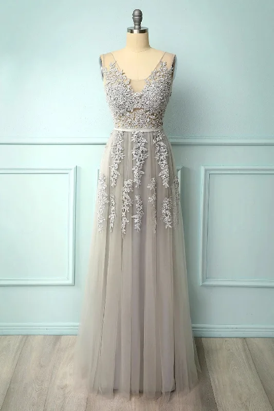 Season Offer Disco - Inspired Retro Dance Look A-line Low V-Back Grey Bridesmaid Dress with Lace