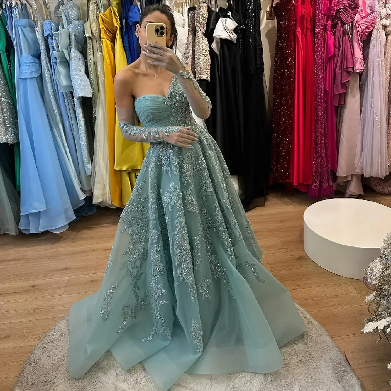 Latest Trends Effortless Style Beautiful Shiny Beaded Lace Long Prom Dresses With Detachable Sleeves Elegant Green A-line Formal Party Dress Bridal Gowns