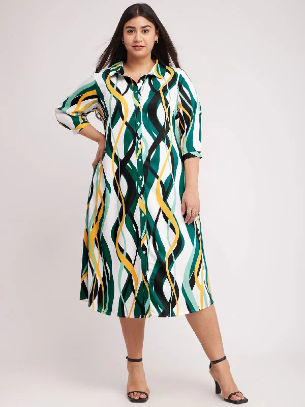 Street Style Discounts Contemporary Elegance Abstract Print Shirt Dress - White And Teal