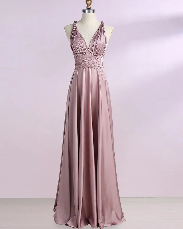 Trendy Women'S Wear Collection Limited - Stock Unique Satin A Line Dust Pink Convertible Bridesmaid Dress Long PL0712