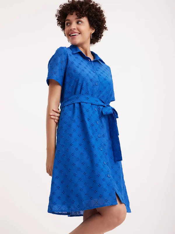 Elegant Fashion Offers Feminine Elegance Cotton Schiffli Shirt Dress - Blue