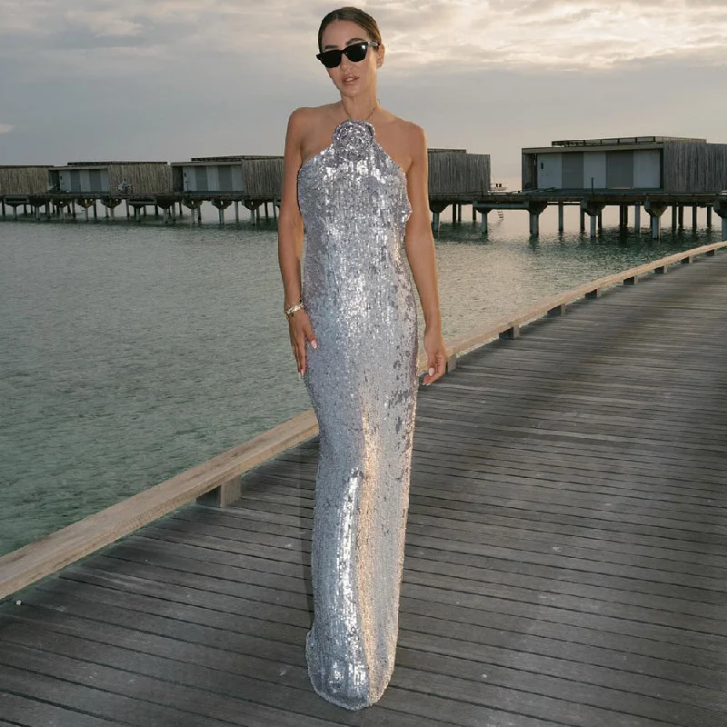 Style Redefined Big Savings on Minimalist Office Styles IKEARLAX New 2025 silver sequins high-end light luxury evening dress bridal toast dress sexy backless dress women's clothing