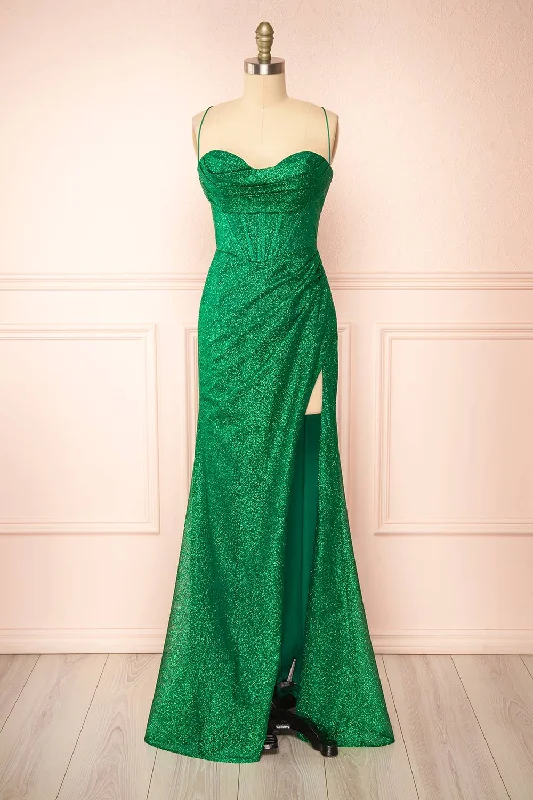 Limited Stock Playful Elegance Frosti Green | Sparkly Cowl Neck Maxi Dress