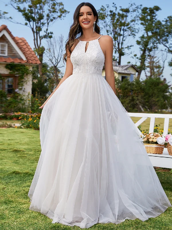 Latest Trends Classic Charm Elegant  A-Line Floor Length Keyhole Neck Sleeveless Wholesale Wedding Dress