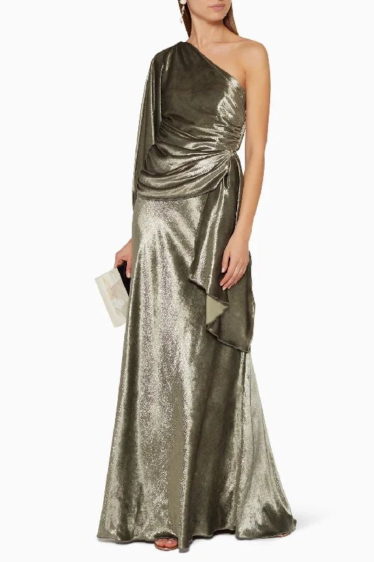 Must-Have Style Discounts Contemporary Elegance Amaris Velvet One Shoulder Gown In Khaki