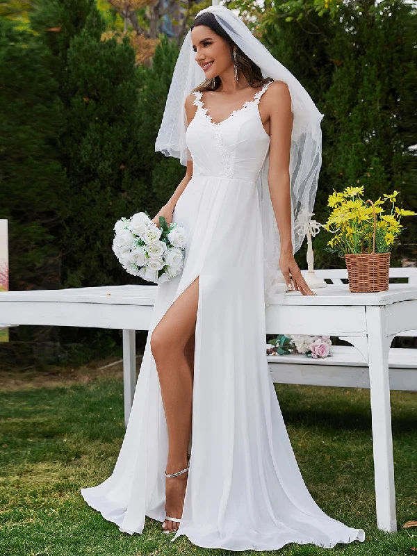 Best-Sellers Flowy Fabric Chiffon High Split Spaghetti Strap Appliques Wedding Dress