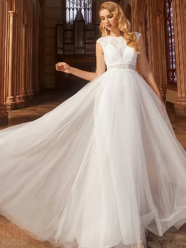 Quick Grab Deals Feminine Flow Elegant Hollow Lace Round Neck Wholesale Wedding Dresses