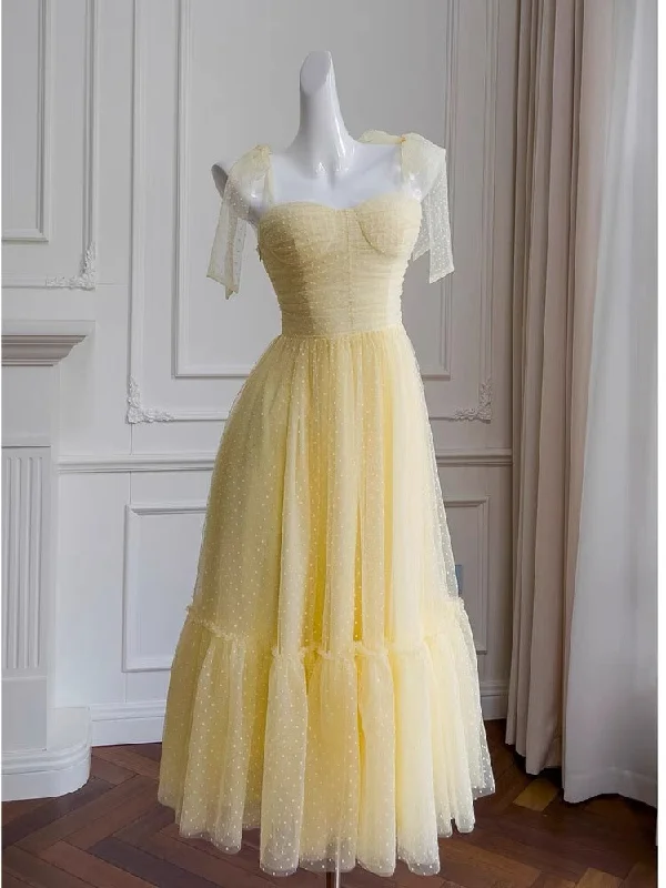 Chic And Trendy Seasonal Trend Cute A Line Straps Sleeveless Yellow Tulle Long Prom Dresses C1895