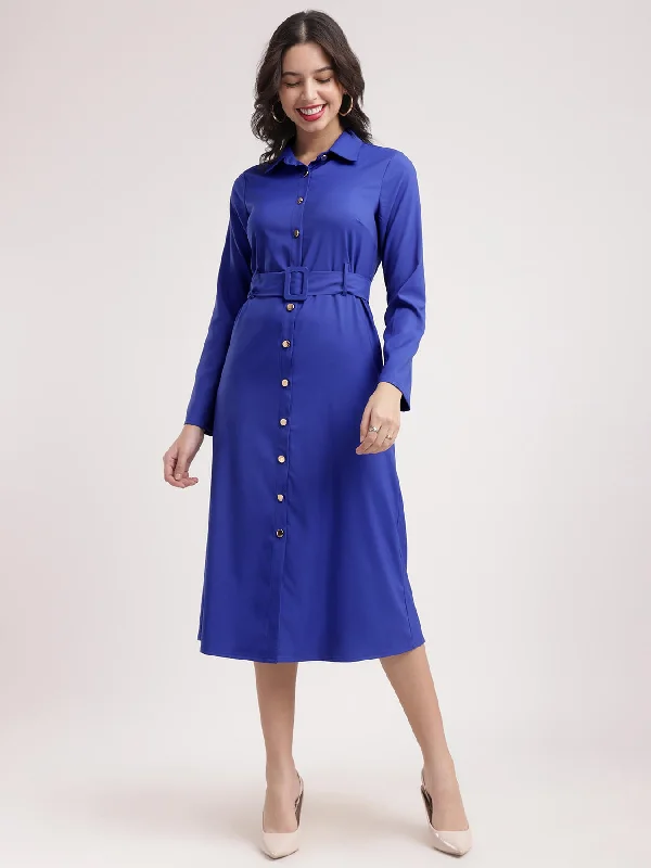 Must-Have Style Discounts Vintage Elegance Button Down Shirt Dress - Royal Blue