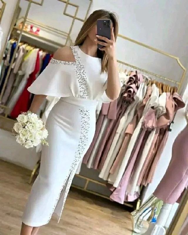 Exclusive Discount Casual Chic White Sheath Midi-length Prom Dress,White Bridal Dress Y5674