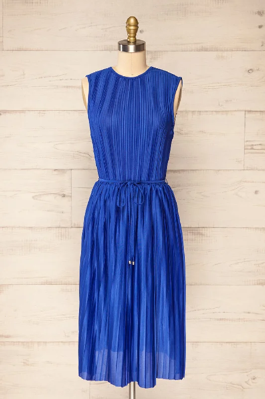 Flash Sale, Don'T Miss Rustic Countryside Charm Look Padstow Blue | Sleeveless Pleated Midi Dress