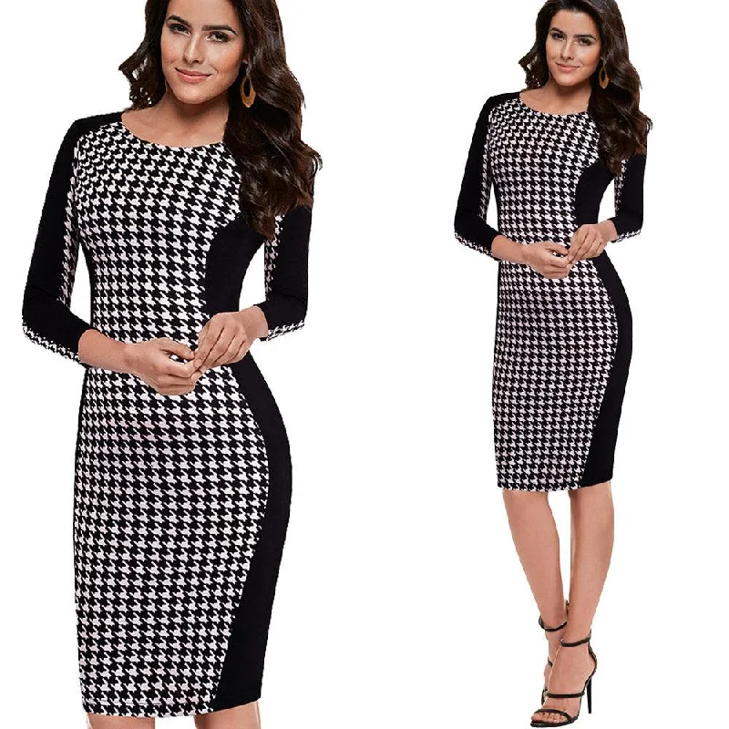 Unleash Your Trendy Side Fashion-Forward Style HOUNDSTOOTH LONG SLEEVE SHEATH DRESS