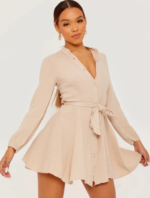 Fresh Fashion Discounts Disco - Inspired Retro Dance Look Cheesecloth Belted Shirt Dress