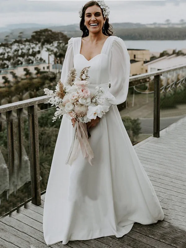 Limited Stock, Big Discounts Urban Sophistication Elegant Simple Long Sleeves Sweetheart A-line Long Wedding Dress, WD3077