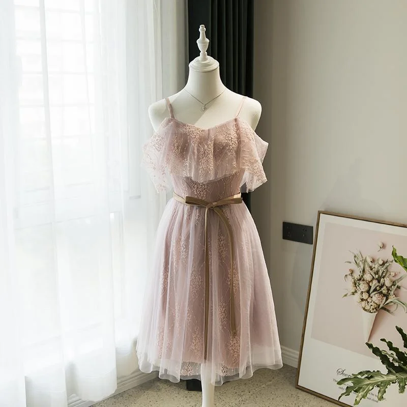 Fresh Fashion Discounts Floral Style Short Party Dress Homecoming Dress Pink Lace Straps Short Bridesmaid Dress   cg16502