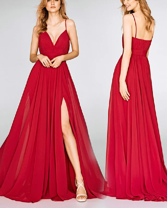 Comfort Meets Fashion Weekend Special Women Chiffon Red bridesmaid Dress Long Formal Gown with Spaghetti Straps with Slits PL0826