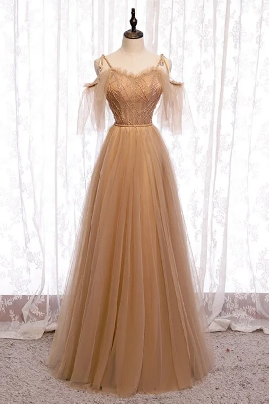 Big Discounts Chic Urban Fashion Look off the shoulder champagne tulle long bridesmaid dresses long prom dress formal dress    cg18667