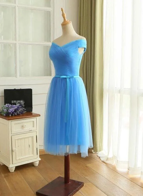 Feminine Style Promotions Elegant Attire Short Homecoming Dresses Blue Off Shoulder Tulle Short Blue Bridesmaid Dress Party Dress   cg16076